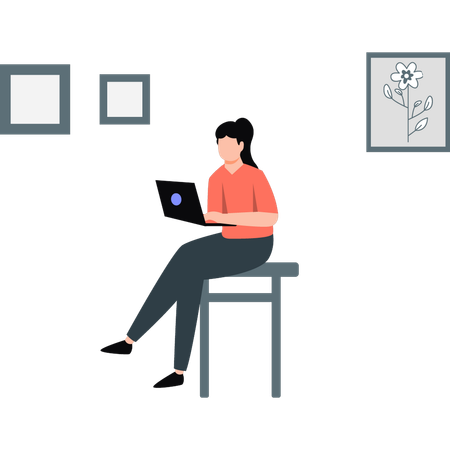 Femme assise sur une table utilisant un ordinateur portable  Illustration