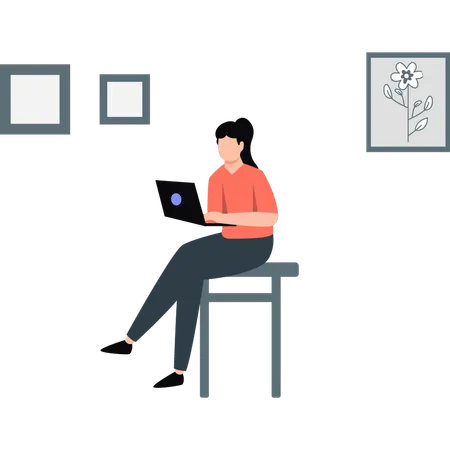 Femme assise sur une table utilisant un ordinateur portable  Illustration