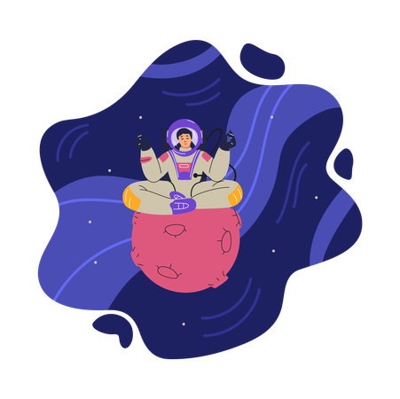 Une astronaute assise sur une tablette sur fond de galaxie  Illustration