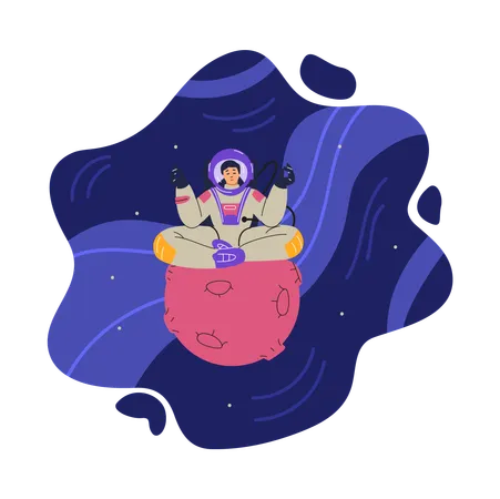 Une astronaute assise sur une tablette sur fond de galaxie  Illustration