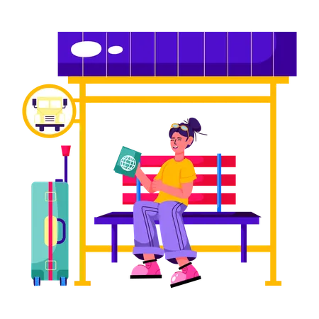 Femme attendant à la gare routière  Illustration