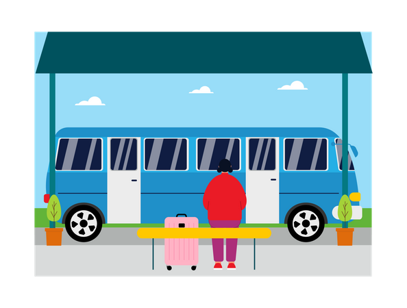 Femme attendant le bus à l'arrêt de bus  Illustration