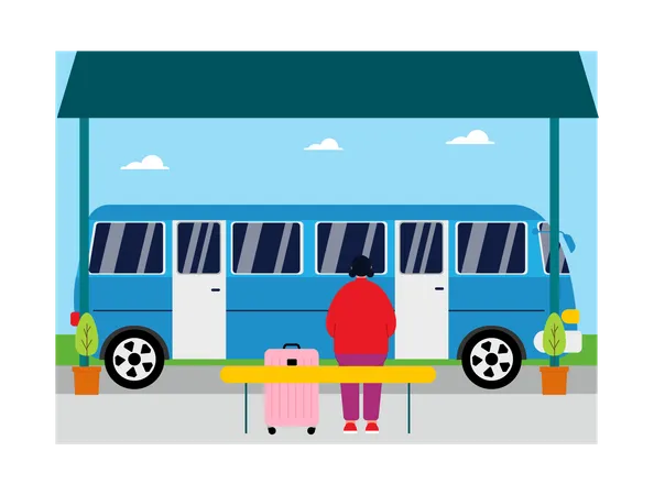 Femme attendant le bus à l'arrêt de bus  Illustration