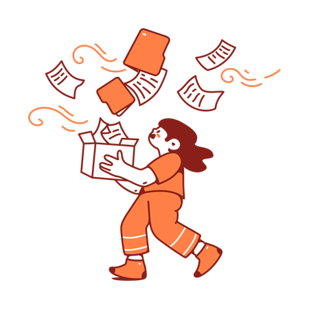 Une femme attrape des dossiers qui volent dans le vent  Illustration