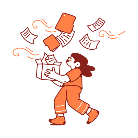 Une femme attrape des dossiers qui volent dans le vent  Illustration