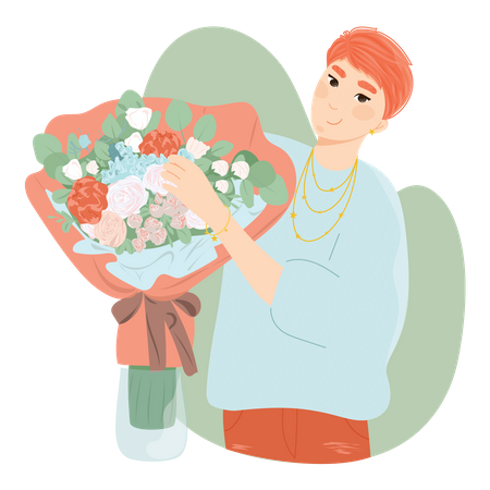 Femme avec bouquet de fleurs  Illustration