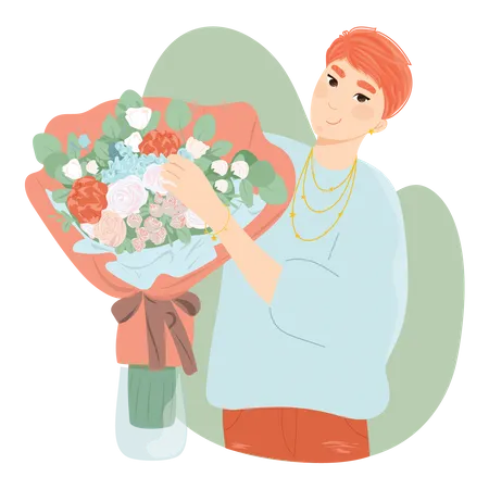 Femme avec bouquet de fleurs  Illustration