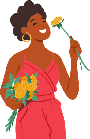 Femme avec un bouquet de fleurs luxuriant  Illustration