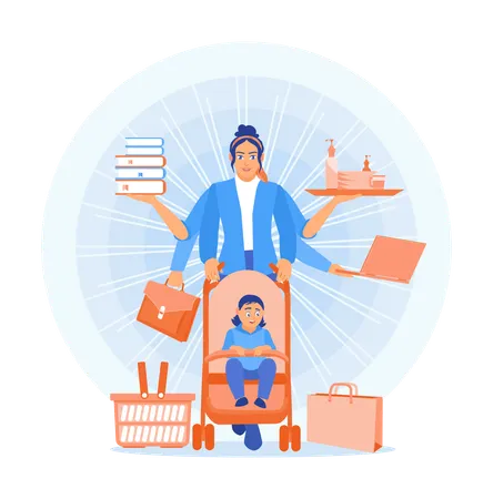 Femme au foyer et femme d'affaires occupées par beaucoup de travail tout en partageant le temps entre la famille et le travail de manière égale  Illustration