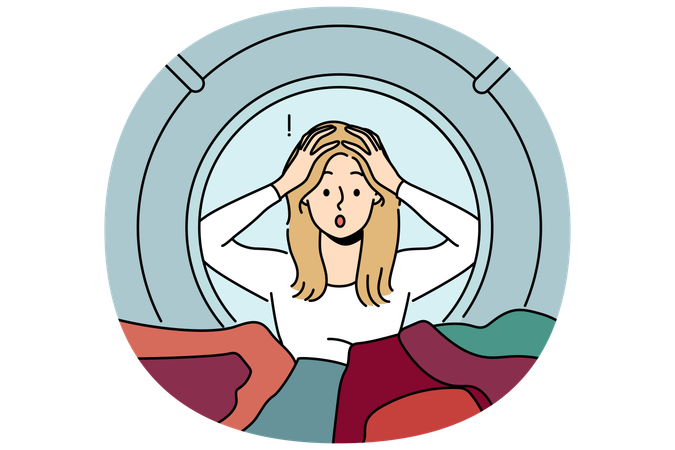 Une femme au foyer jette un œil dans la machine à laver et se saisit la tête après avoir vu des vêtements abîmés  Illustration