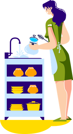 Femme au foyer, laver la vaisselle dans l'évier de la cuisine  Illustration