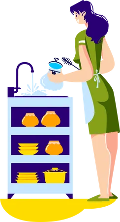 Femme au foyer, laver la vaisselle dans l'évier de la cuisine  Illustration