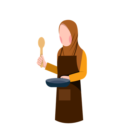 Femme au foyer musulmane tenant une spatule et une poêle à frire  Illustration