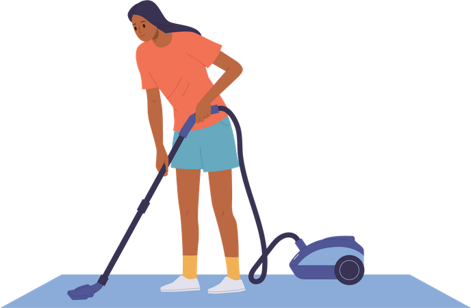 Jeune femme nettoyant le sol de la maison avec un aspirateur faisant le ménage  Illustration