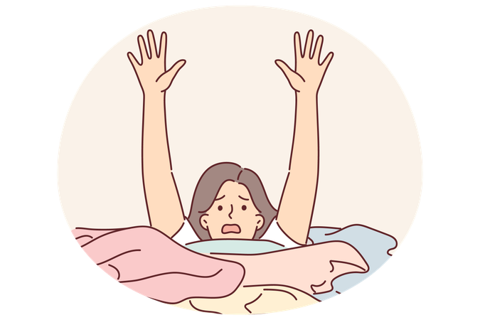 Une femme au foyer se noie dans le linge sale et crie en levant les mains  Illustration