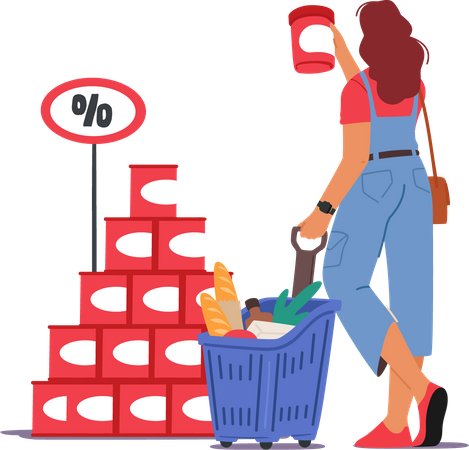 Femme au magasin achetant un produit à prix réduit  Illustration
