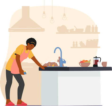 Femme au foyer épuisée dans une cuisine encombrée, fatiguée par des travaux ménagers sans fin  Illustration