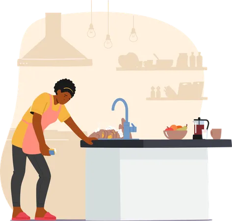 Femme au foyer épuisée dans une cuisine encombrée, fatiguée par des travaux ménagers sans fin  Illustration