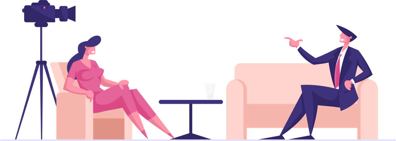 Femme au nouveau studio de diffusion et interview  Illustration