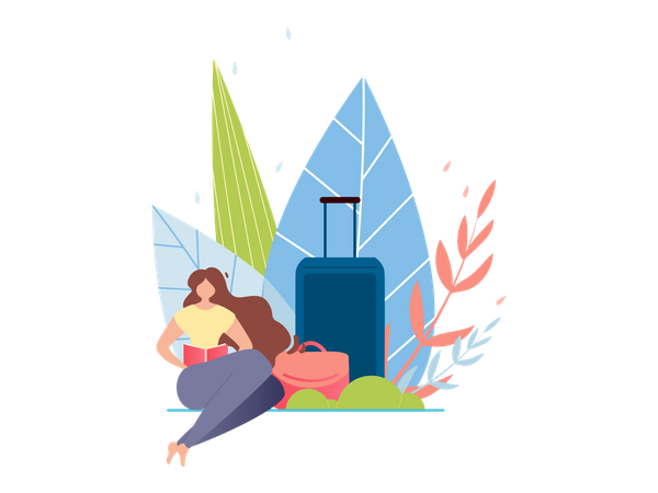 Femme au repos avec bagages en été  Illustration