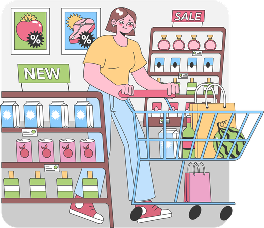 Femme au marché commercial  Illustration