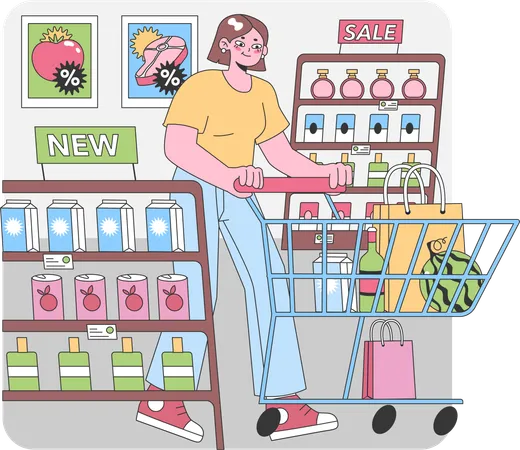 Femme au marché commercial  Illustration