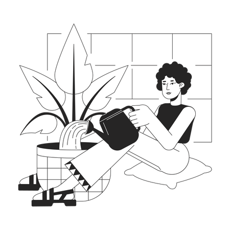 Femme aux cheveux bouclés assise avec pot et plante d'arrosage  Illustration