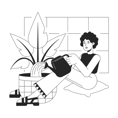 Femme aux cheveux bouclés assise avec pot et plante d'arrosage  Illustration