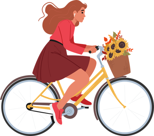 Une femme aux cheveux longs fait du vélo tout en portant un panier de fleurs  Illustration