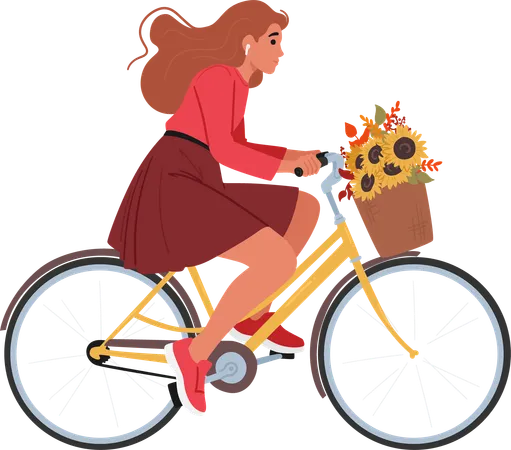 Une femme aux cheveux longs fait du vélo tout en portant un panier de fleurs  Illustration