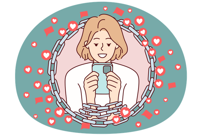Femme aux mains enchaînées utilisant un téléphone symbolisant la dépendance à Internet et aux gadgets  Illustration