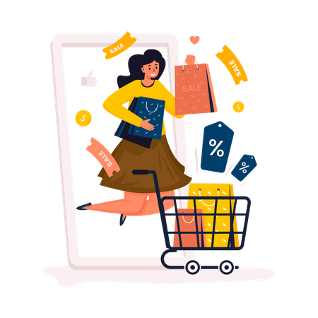 Femme avec des achats en ligne, vente du Black Friday  Illustration