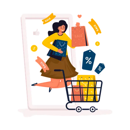 Femme avec des achats en ligne, vente du Black Friday  Illustration