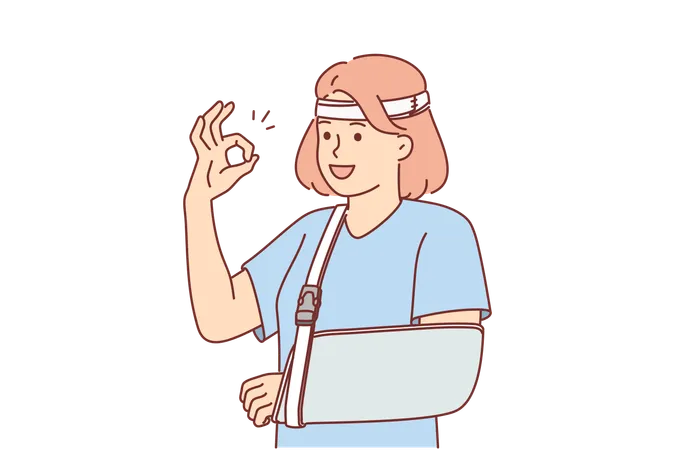 Une femme avec une attelle souple sur le bras blessé montre un geste OK  Illustration