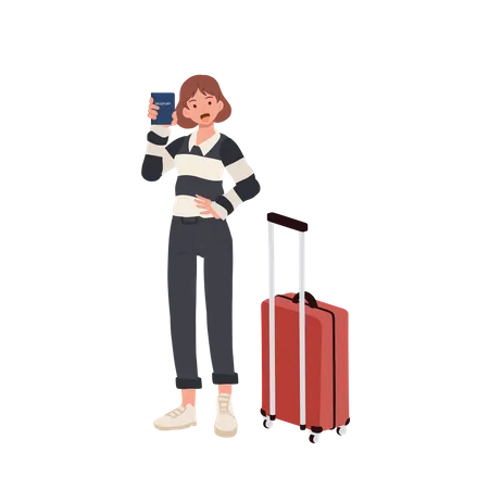 Femme avec des bagages à l'aéroport montrant son passeport  Illustration