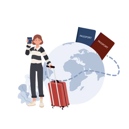 Femme avec bagages montrant son passeport  Illustration