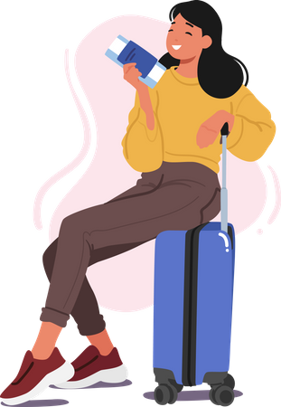 Femme avec billet assise sur ses bagages  Illustration