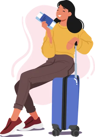 Femme avec billet assise sur ses bagages  Illustration