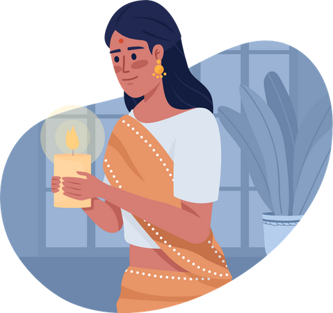 Femme avec bougie célébrant Diwali  Illustration