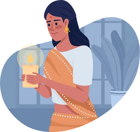 Femme avec bougie célébrant Diwali  Illustration