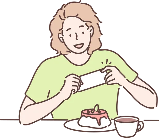 Femme avec café et gâteau  Illustration