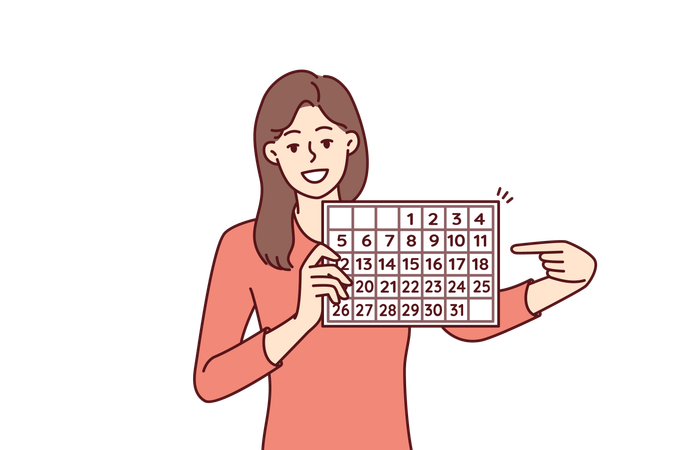 Femme avec calendrier pointe du doigt les dates suggérant de faire de la planification  Illustration