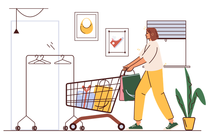 Une femme avec un chariot choisit des marchandises et effectue des achats dans le magasin  Illustration