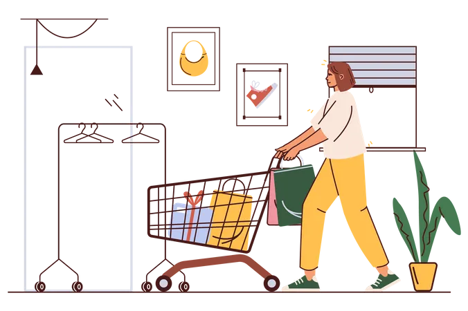 Une femme avec un chariot choisit des marchandises et effectue des achats dans le magasin  Illustration