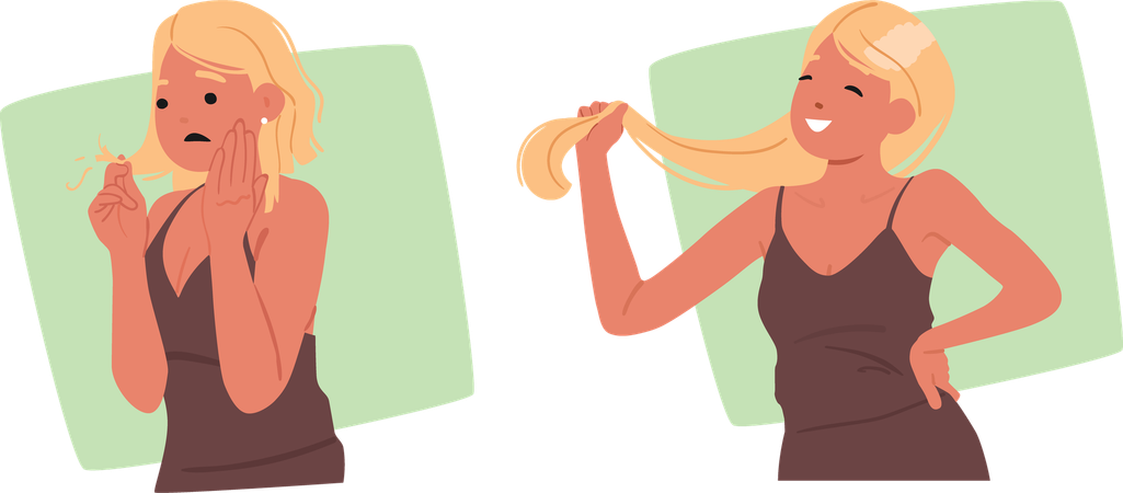 Femme aux cheveux courts et aux pointes fourchues avant et après la procédure de renouvellement des extensions  Illustration