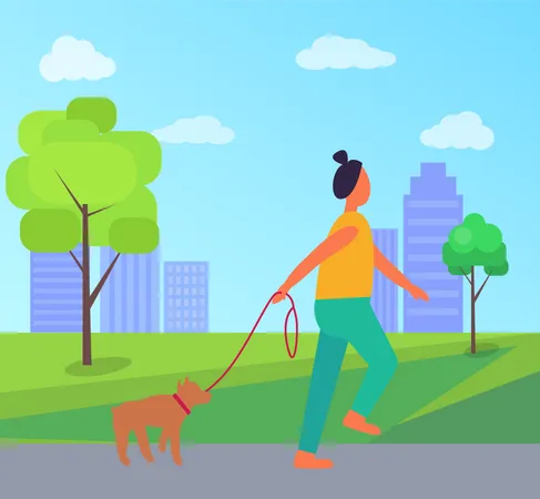 Femme avec chien dans le parc  Illustration