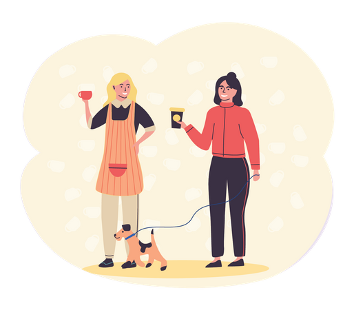 Femme avec chien tenant du café  Illustration