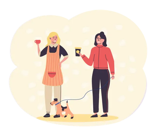 Femme avec chien tenant du café  Illustration