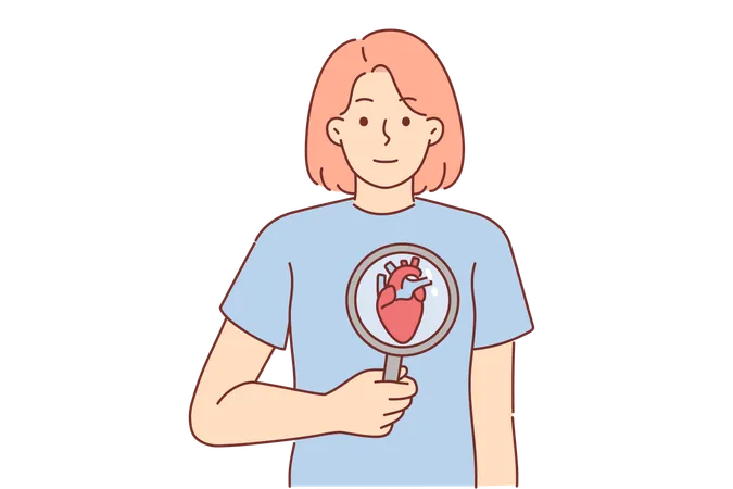 Une femme avec un cœur sous une loupe appelle à l'attention sur le système cardiovasculaire  Illustration