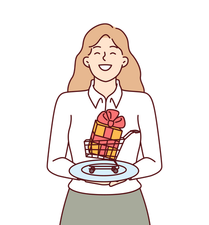Femme avec boîte-cadeau dans un panier miniature symbolisant un cadeau pour visiter un magasin  Illustration